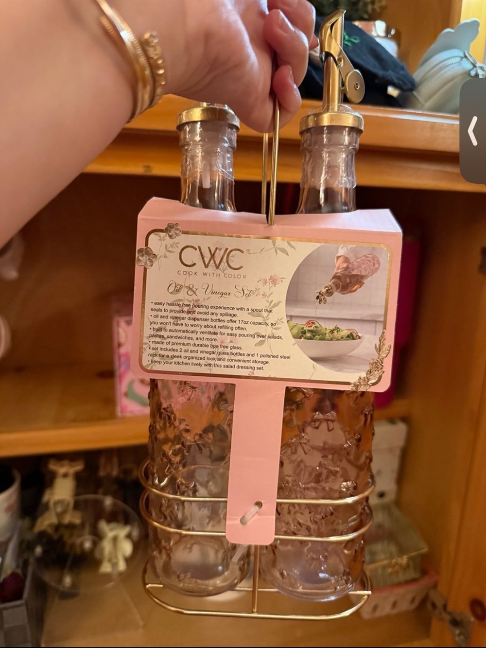 CWC Pink Glass Oil & Vinegar Set with Gold Rack